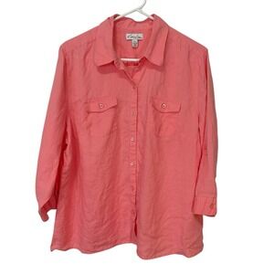 Kim Rogers Petite XL 100% Linen Blouse Coral Pink Shirt Button Up Roll Tab Sleev